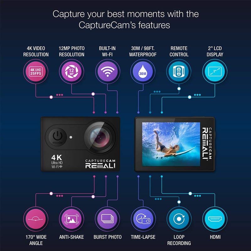 REMALI CaptureCam 4K60FPS Waterproof Action Camera 21-Piece Complete Kit and 3 Batteries â€” Amazing Family Sports Camera That Captures Best Moments â€” Great for Baseball, Fishing & Travel Adventures - Image 3